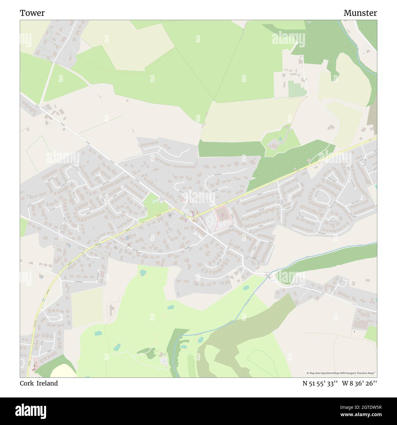 Torre, Cork, Irlanda, Munster, N 51 55' 33'', W 8 36' 26''', mappa, mappa senza tempo pubblicata nel 2021. Viaggiatori, esploratori e avventurieri come Florence Nightingale, David Livingstone, Ernest Shackleton, Lewis and Clark e Sherlock Holmes si sono affidati alle mappe per pianificare i viaggi verso gli angoli più remoti del mondo, Timeless Maps sta mappando la maggior parte delle località del mondo, mostrando il successo di grandi sogni Foto Stock