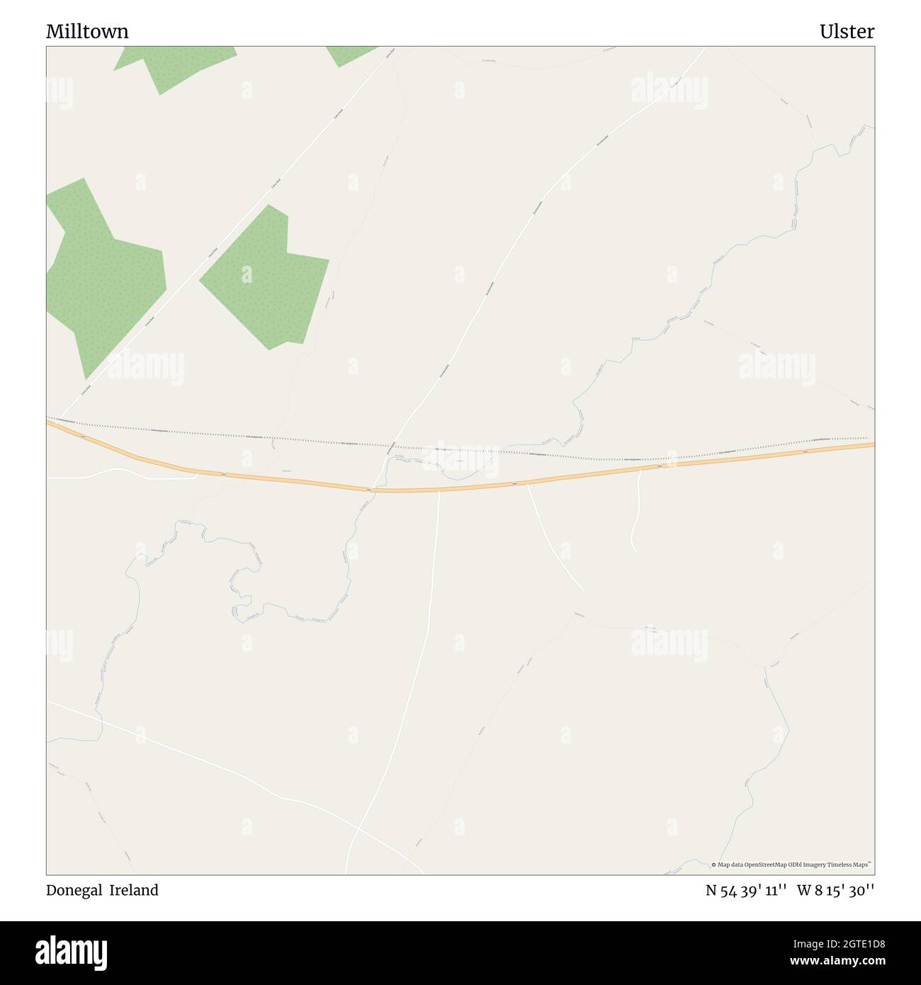 Milltown, Donegal, Irlanda, Ulster, N 54 39' 11'', W 8 15' 30''', mappa, mappa senza tempo pubblicata nel 2021. Viaggiatori, esploratori e avventurieri come Florence Nightingale, David Livingstone, Ernest Shackleton, Lewis and Clark e Sherlock Holmes si sono affidati alle mappe per pianificare i viaggi verso gli angoli più remoti del mondo, Timeless Maps sta mappando la maggior parte delle località del mondo, mostrando il successo di grandi sogni Foto Stock