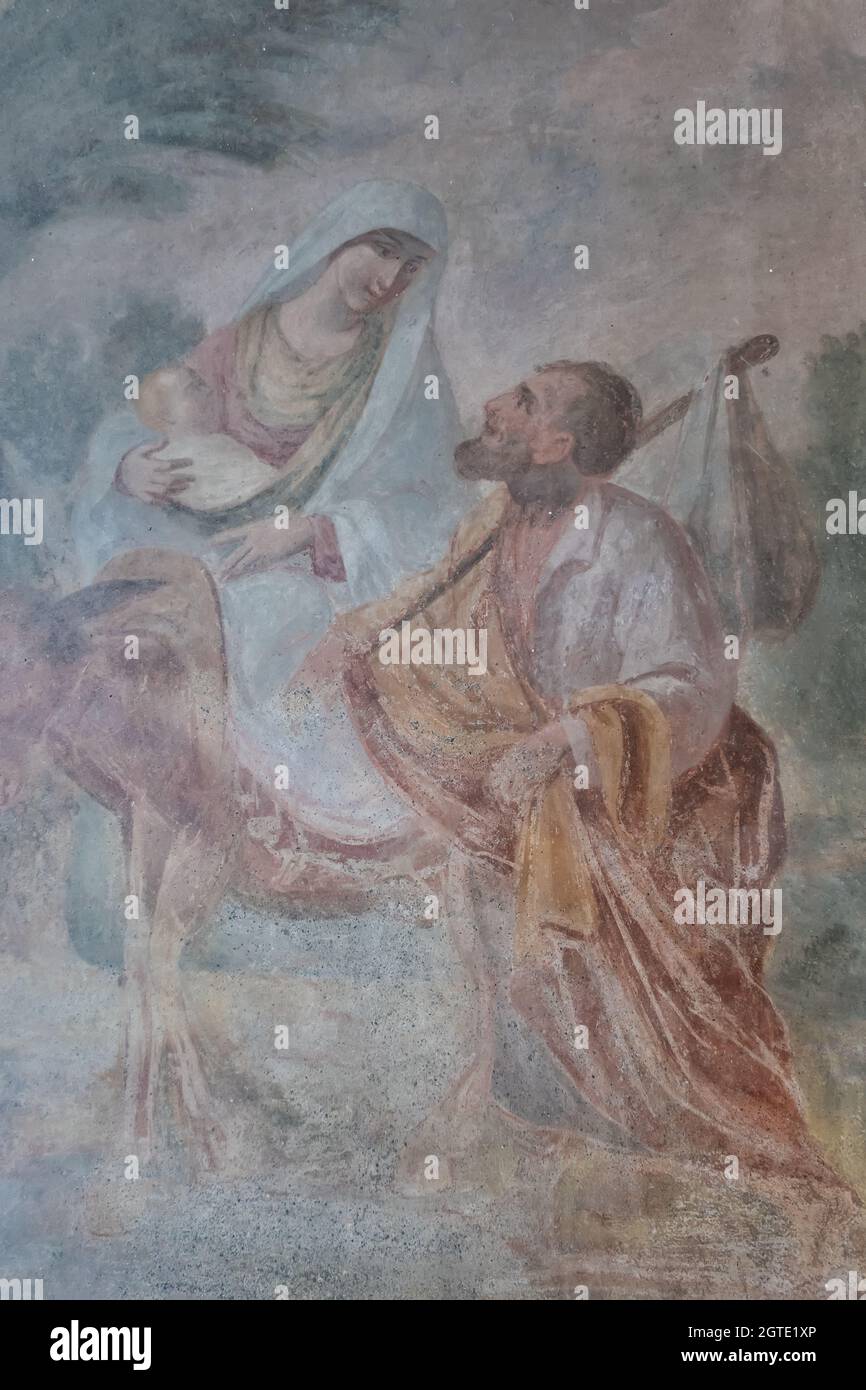 Pittura murale di Maria, Gesù, Giuseppe e asino, Città di Amalfi, Campania, Italia Foto Stock