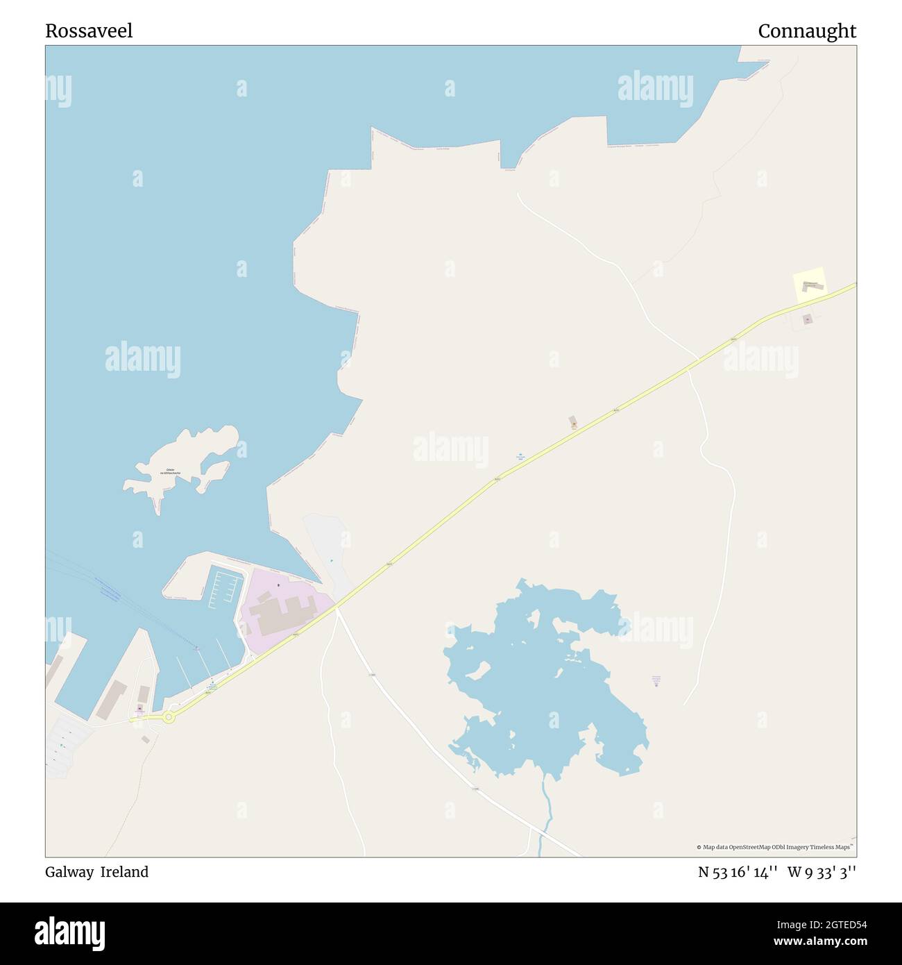 Rossaveel, Galway, Irlanda, Connaught, N 53 16' 14''', W 9 33' 3''', mappa, Mappa senza tempo pubblicata nel 2021. Viaggiatori, esploratori e avventurieri come Florence Nightingale, David Livingstone, Ernest Shackleton, Lewis and Clark e Sherlock Holmes si sono affidati alle mappe per pianificare i viaggi verso gli angoli più remoti del mondo, Timeless Maps sta mappando la maggior parte delle località del mondo, mostrando il successo di grandi sogni Foto Stock