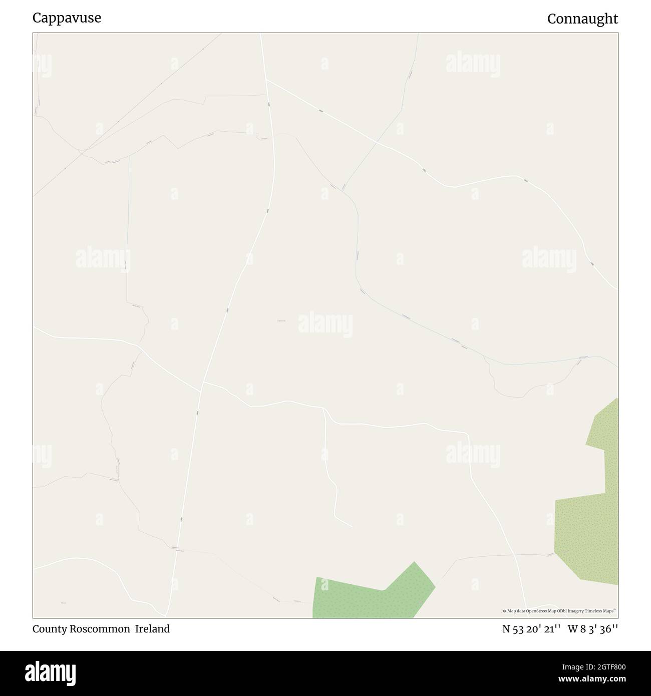 Cappavuse, County Roscommon, Irlanda, Connaught, N 53 20' 21'', W 8 3' 36''', mappa, Mappa senza tempo pubblicata nel 2021. Viaggiatori, esploratori e avventurieri come Florence Nightingale, David Livingstone, Ernest Shackleton, Lewis and Clark e Sherlock Holmes si sono affidati alle mappe per pianificare i viaggi verso gli angoli più remoti del mondo, Timeless Maps sta mappando la maggior parte delle località del mondo, mostrando il successo di grandi sogni Foto Stock