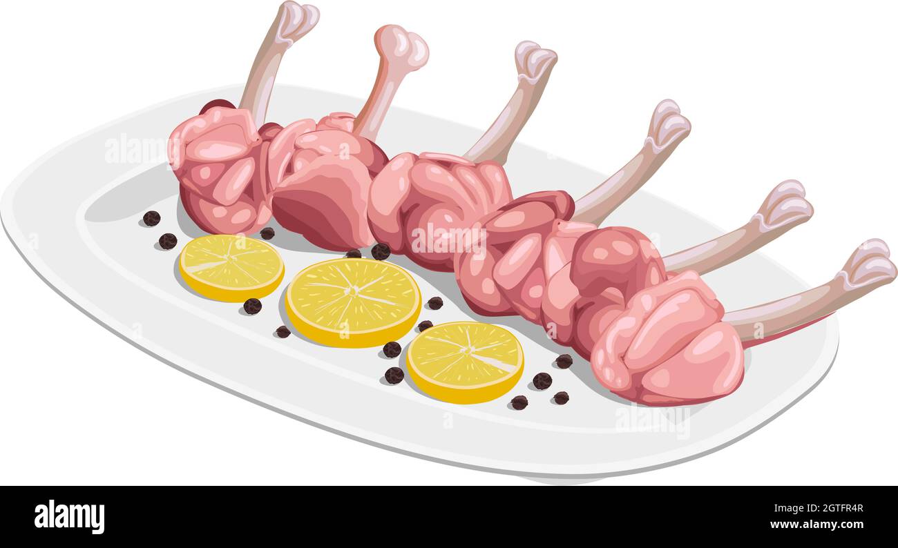 Illustrazione vettoriale del lecca di pollo crudo disposto su una base di servire bianca con fette di limone e pepe, isolato Illustrazione Vettoriale