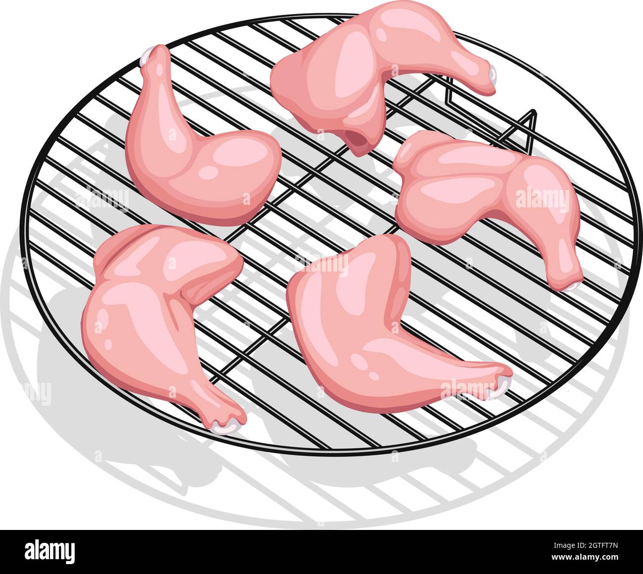 Illustrazione vettoriale della gamba intera di pollo crudo senza pelle disposta sul grill, isolata. Illustrazione Vettoriale