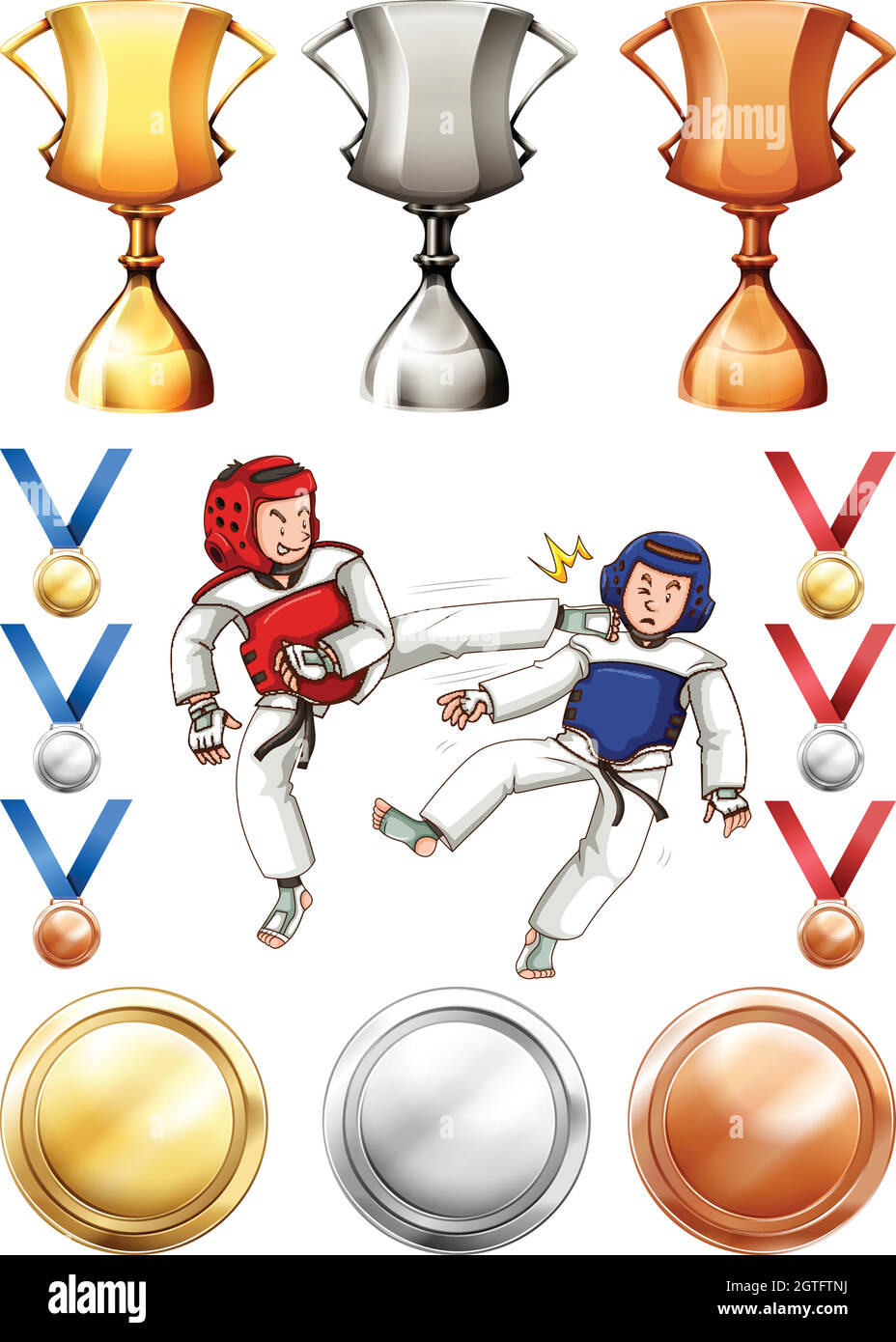 Taekwondo e molti trofei e medaglie Illustrazione Vettoriale