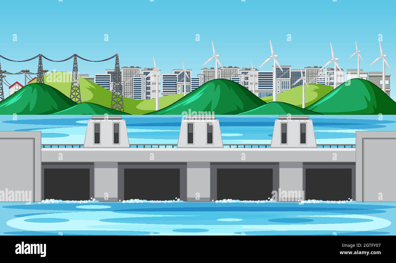 Scena con diga d'acqua e turbine eoliche sulle colline Illustrazione Vettoriale