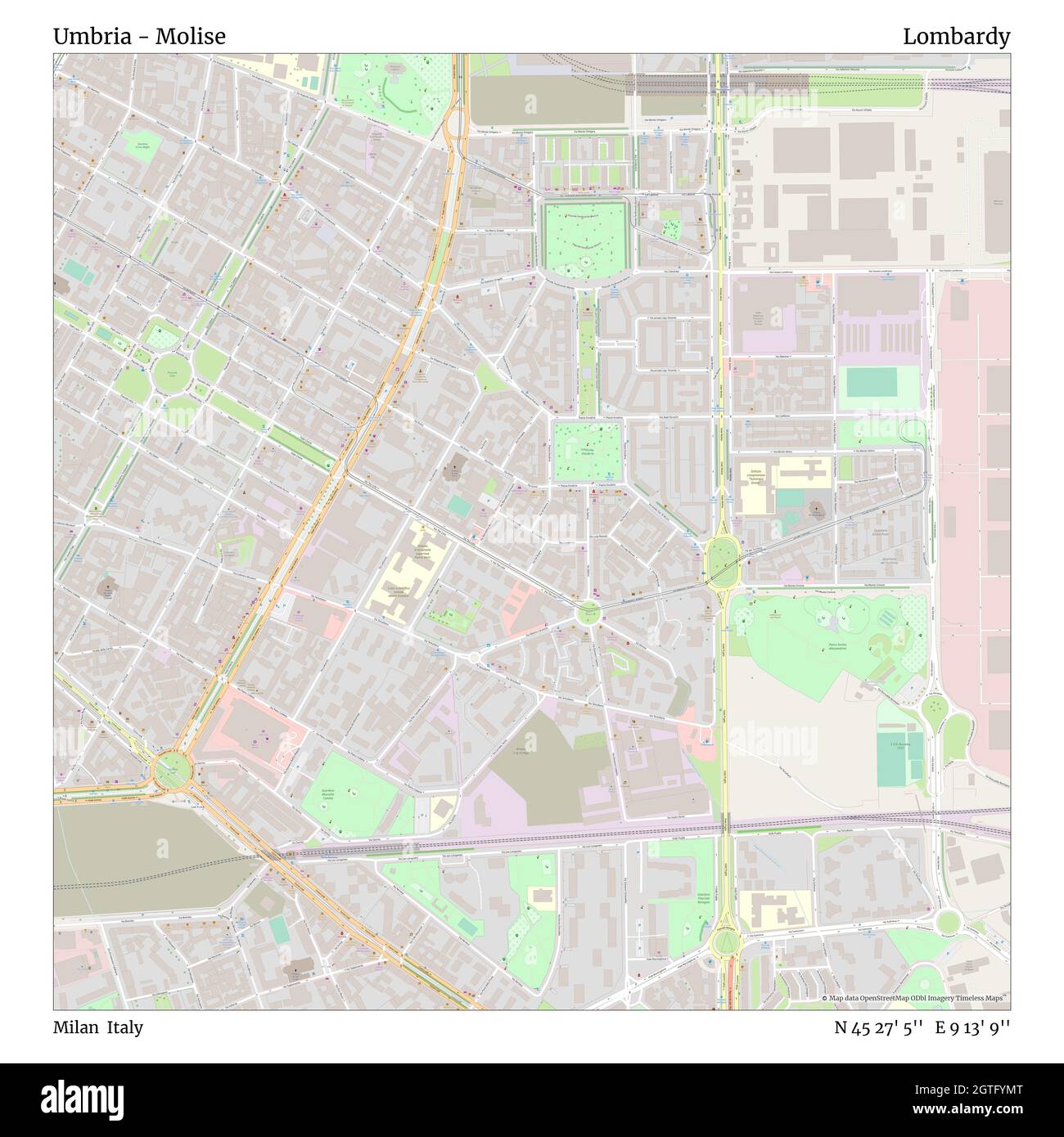 Umbria - Molise, Milano, Italia, Lombardia, N 45 27' 5'', e 9 13' 9'', map, Timeless Map Published in 2021. Viaggiatori, esploratori e avventurieri come Florence Nightingale, David Livingstone, Ernest Shackleton, Lewis and Clark e Sherlock Holmes si sono affidati alle mappe per pianificare i viaggi verso gli angoli più remoti del mondo, Timeless Maps sta mappando la maggior parte delle località del mondo, mostrando il successo di grandi sogni Foto Stock