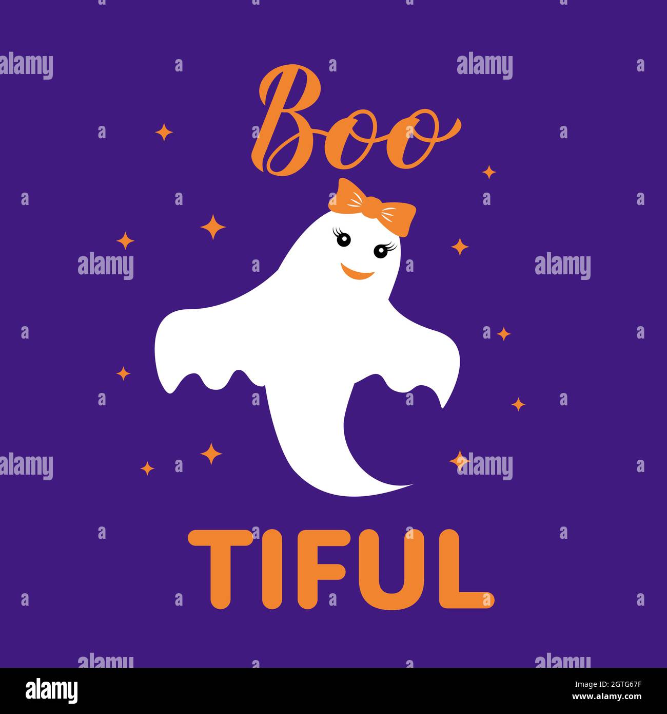 Lettere bootiful-tiful. Divertente citazione del pun di Halloween. Simpatico personaggio fantasma. Modello vettoriale per poster tipografici, biglietti d'auguri, banner, ecc. Illustrazione Vettoriale