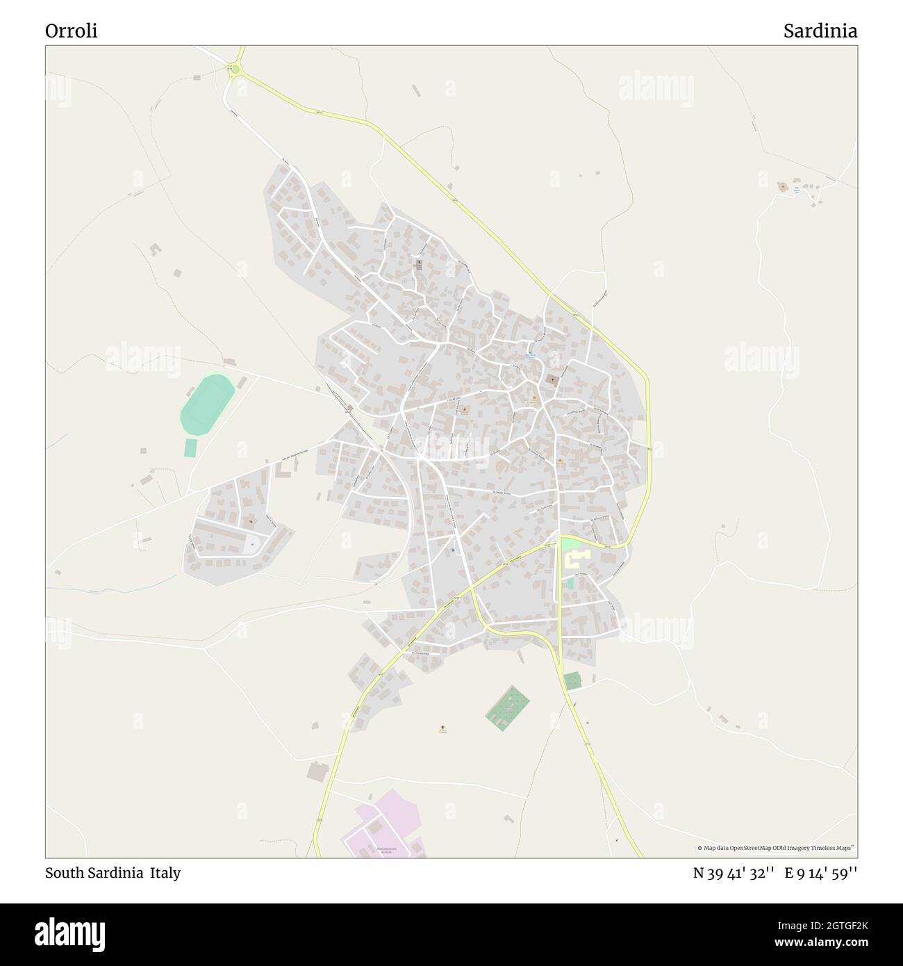 Orroli, Sardegna meridionale, Italia, Sardegna, N 39 41' 32'', e 9 14' 59''', mappa, mappa senza tempo pubblicata nel 2021. Viaggiatori, esploratori e avventurieri come Florence Nightingale, David Livingstone, Ernest Shackleton, Lewis and Clark e Sherlock Holmes si sono affidati alle mappe per pianificare i viaggi verso gli angoli più remoti del mondo, Timeless Maps sta mappando la maggior parte delle località del mondo, mostrando il successo di grandi sogni Foto Stock