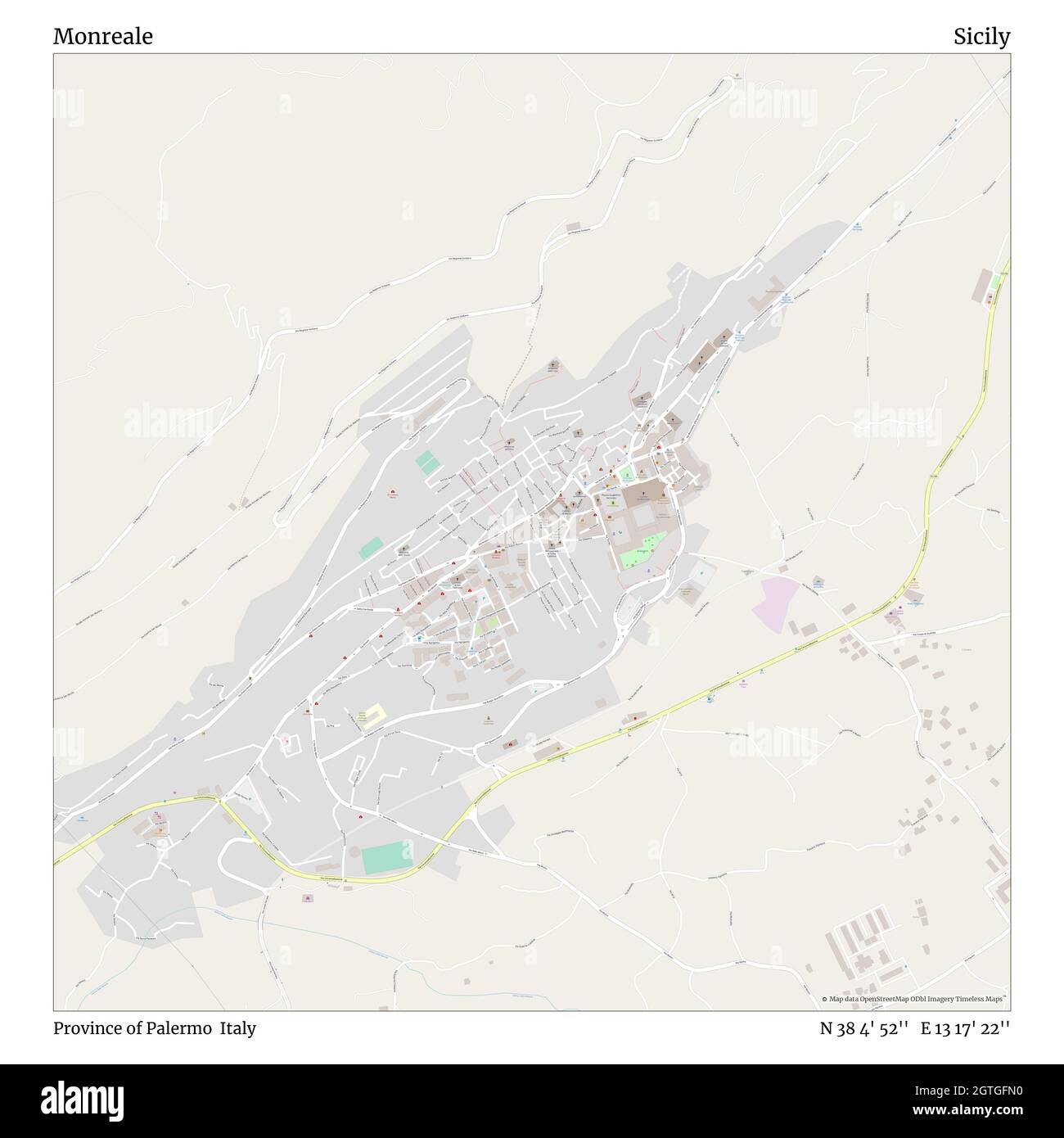 Monreale, Provincia di Palermo, Italia, Sicilia, N 38 4' 52''', e 13 17' 22''', mappa, Mappa senza tempo pubblicata nel 2021. Viaggiatori, esploratori e avventurieri come Florence Nightingale, David Livingstone, Ernest Shackleton, Lewis and Clark e Sherlock Holmes si sono affidati alle mappe per pianificare i viaggi verso gli angoli più remoti del mondo, Timeless Maps sta mappando la maggior parte delle località del mondo, mostrando il successo di grandi sogni Foto Stock