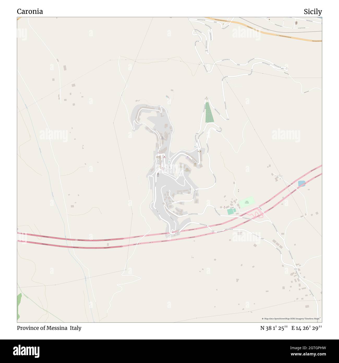 Caronia, Provincia di Messina, Italia, Sicilia, N 38 1' 25'', e 14 26' 29'', mappa, Mappa senza tempo pubblicata nel 2021. Viaggiatori, esploratori e avventurieri come Florence Nightingale, David Livingstone, Ernest Shackleton, Lewis and Clark e Sherlock Holmes si sono affidati alle mappe per pianificare i viaggi verso gli angoli più remoti del mondo, Timeless Maps sta mappando la maggior parte delle località del mondo, mostrando il successo di grandi sogni Foto Stock