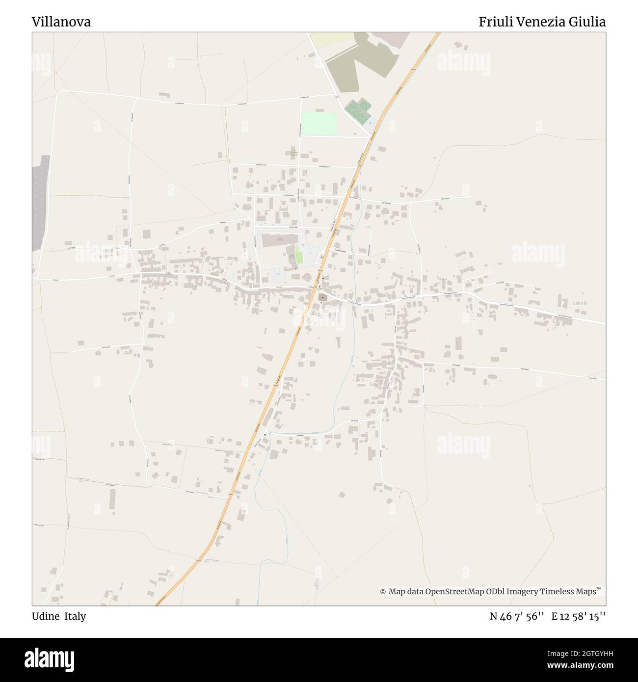 Villanova, Udine, Italia, Friuli Venezia Giulia, N 46 7' 56'', e 12 58' 15''', mappa, Mappa senza tempo pubblicata nel 2021. Viaggiatori, esploratori e avventurieri come Florence Nightingale, David Livingstone, Ernest Shackleton, Lewis and Clark e Sherlock Holmes si sono affidati alle mappe per pianificare i viaggi verso gli angoli più remoti del mondo, Timeless Maps sta mappando la maggior parte delle località del mondo, mostrando il successo di grandi sogni Foto Stock