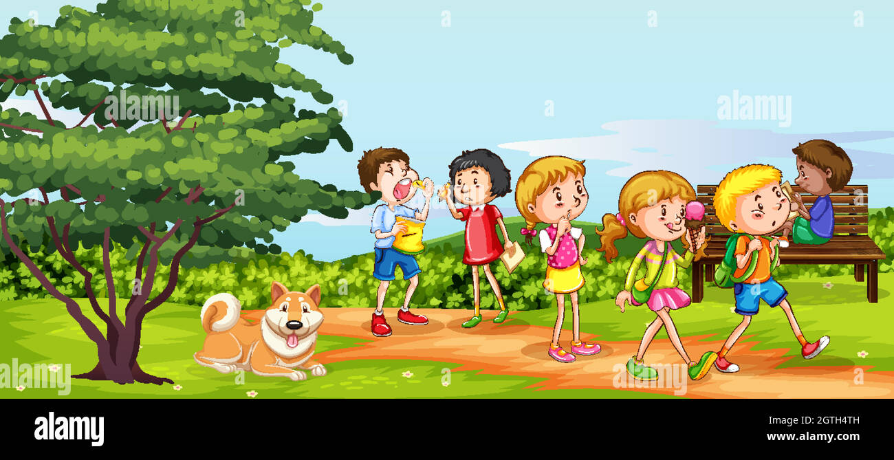 Scena con molti bambini che si divertono nel parco Illustrazione Vettoriale