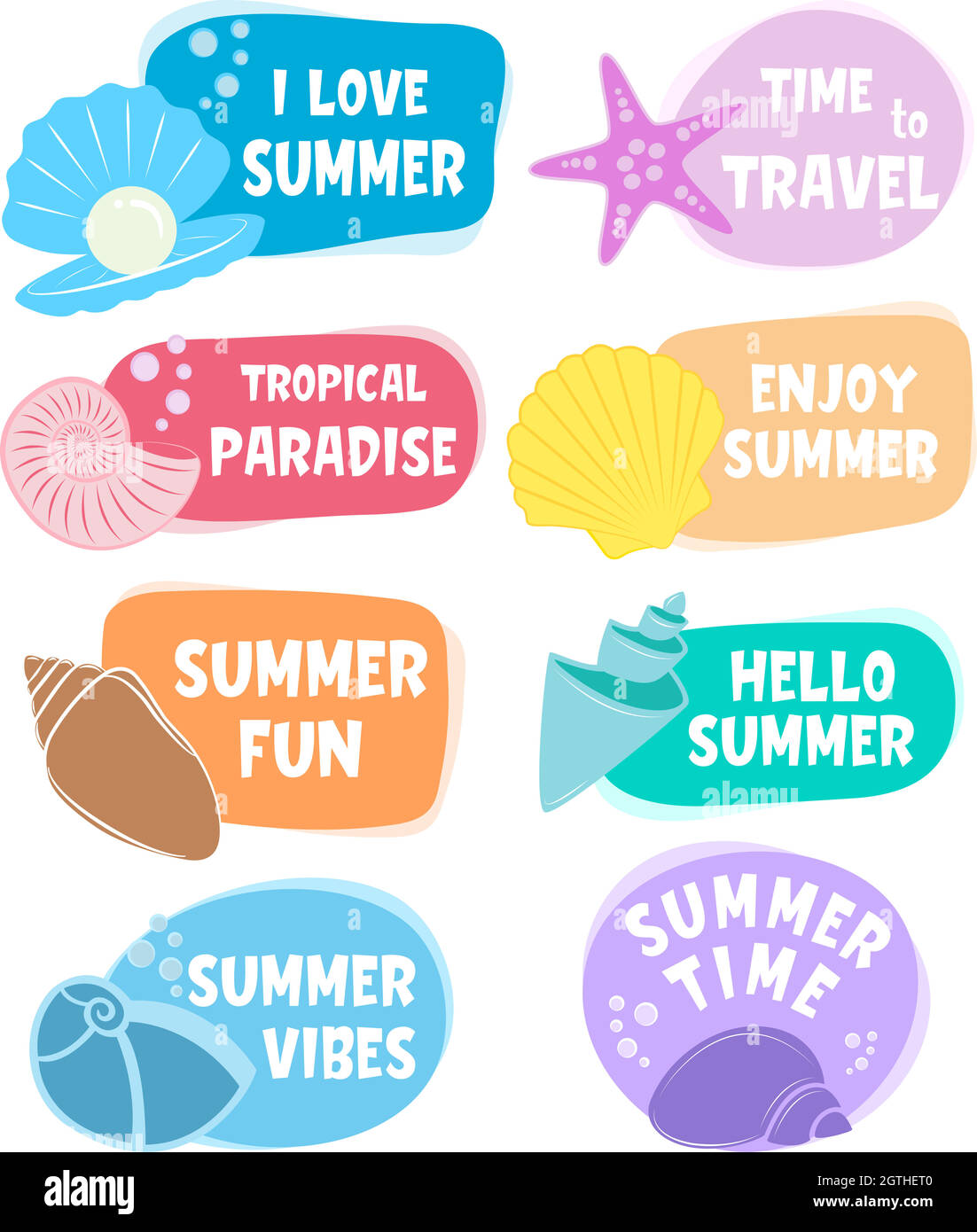 Set di etichette estive, loghi, elementi per vacanze estive, viaggi, vacanze in spiaggia Illustrazione Vettoriale