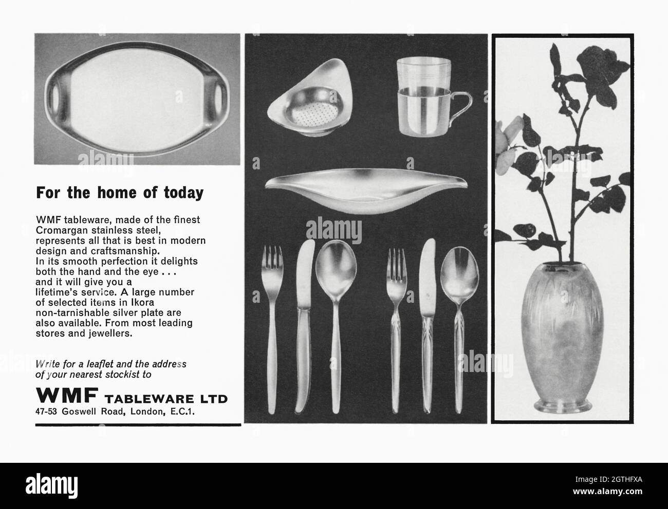 Un annuncio degli anni '60 per le stoviglie in metallo WMF. L'annuncio è  apparso in una rivista pubblicata nel Regno Unito nell'ottobre 1962. Le  fotografie mostrano esempi di posate, piatti e vasi.