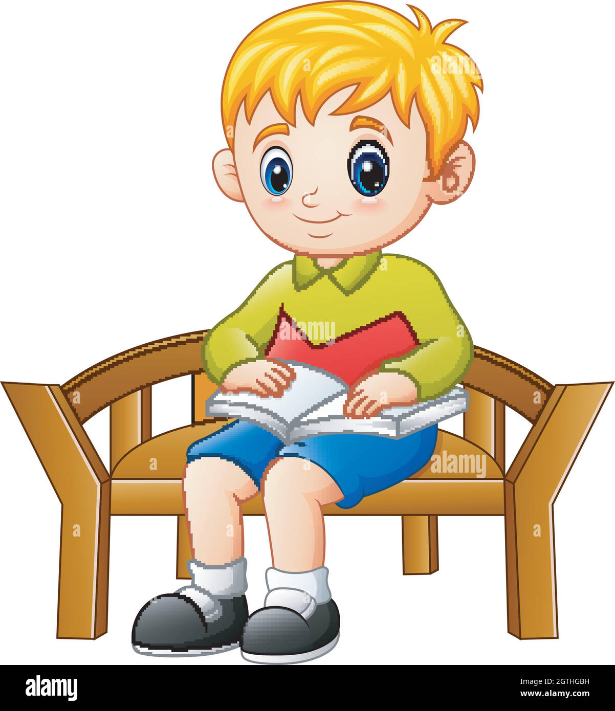 Piccolo Ragazzo seduto su una sedia la lettura di un libro Illustrazione Vettoriale
