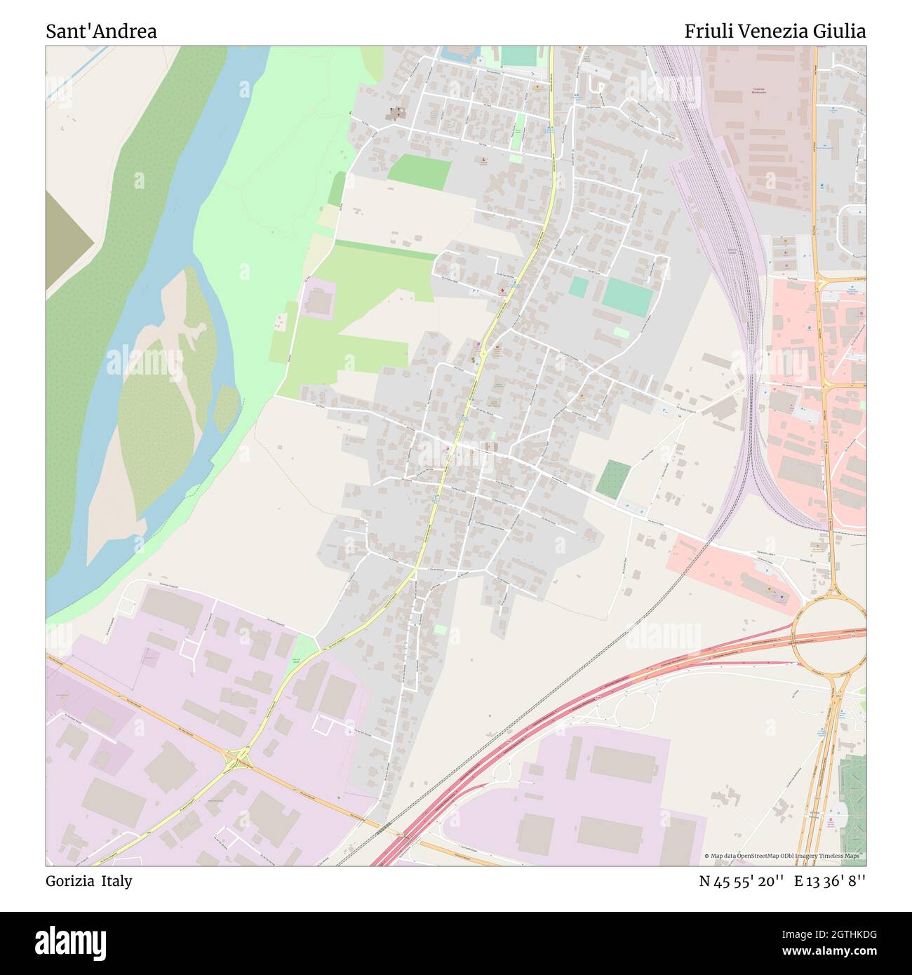 Sant'Andrea, Gorizia, Italia, Friuli Venezia Giulia, N 45 55' 20'', e 13 36' 8''', mappa, Mappa senza tempo pubblicata nel 2021. Viaggiatori, esploratori e avventurieri come Florence Nightingale, David Livingstone, Ernest Shackleton, Lewis and Clark e Sherlock Holmes si sono affidati alle mappe per pianificare i viaggi verso gli angoli più remoti del mondo, Timeless Maps sta mappando la maggior parte delle località del mondo, mostrando il successo di grandi sogni Foto Stock