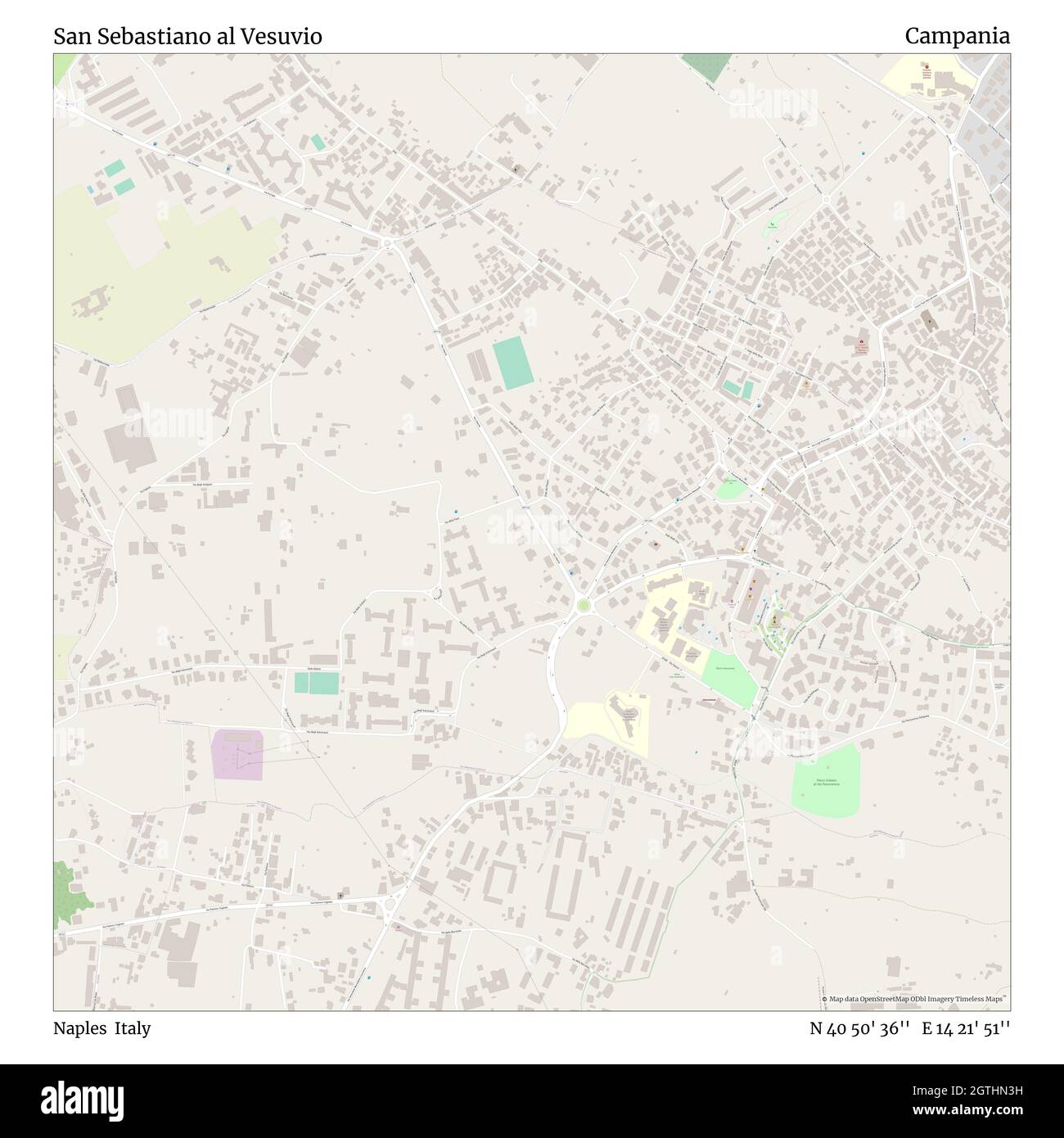 San Sebastiano al Vesuvio, Napoli, Italia, Campania, N 40 50' 36'', e 14 21' 51'', mappa, Mappa senza tempo pubblicata nel 2021. Viaggiatori, esploratori e avventurieri come Florence Nightingale, David Livingstone, Ernest Shackleton, Lewis and Clark e Sherlock Holmes si sono affidati alle mappe per pianificare i viaggi verso gli angoli più remoti del mondo, Timeless Maps sta mappando la maggior parte delle località del mondo, mostrando il successo di grandi sogni Foto Stock