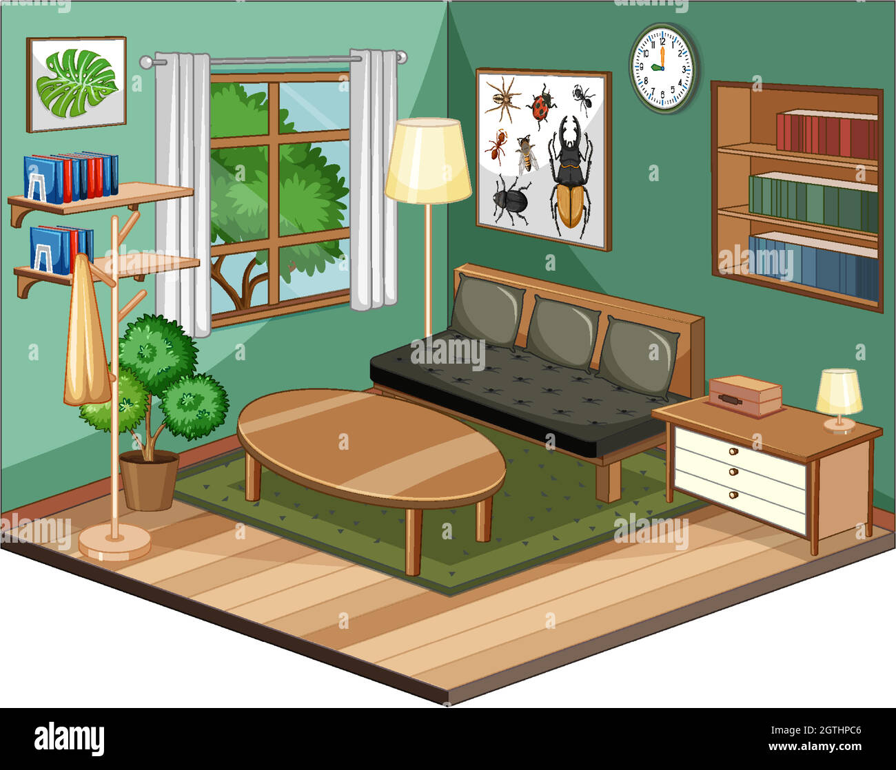 Soggiorno interno con mobili e parete verde Illustrazione Vettoriale