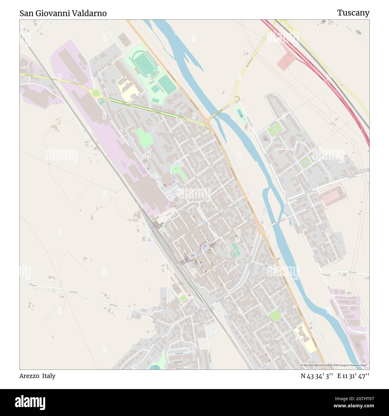 San Giovanni Valdarno, Arezzo, Italia, Toscana, N 43 34' 3'', e 11 31' 47'', mappa, mappa senza tempo pubblicata nel 2021. Viaggiatori, esploratori e avventurieri come Florence Nightingale, David Livingstone, Ernest Shackleton, Lewis and Clark e Sherlock Holmes si sono affidati alle mappe per pianificare i viaggi verso gli angoli più remoti del mondo, Timeless Maps sta mappando la maggior parte delle località del mondo, mostrando il successo di grandi sogni Foto Stock