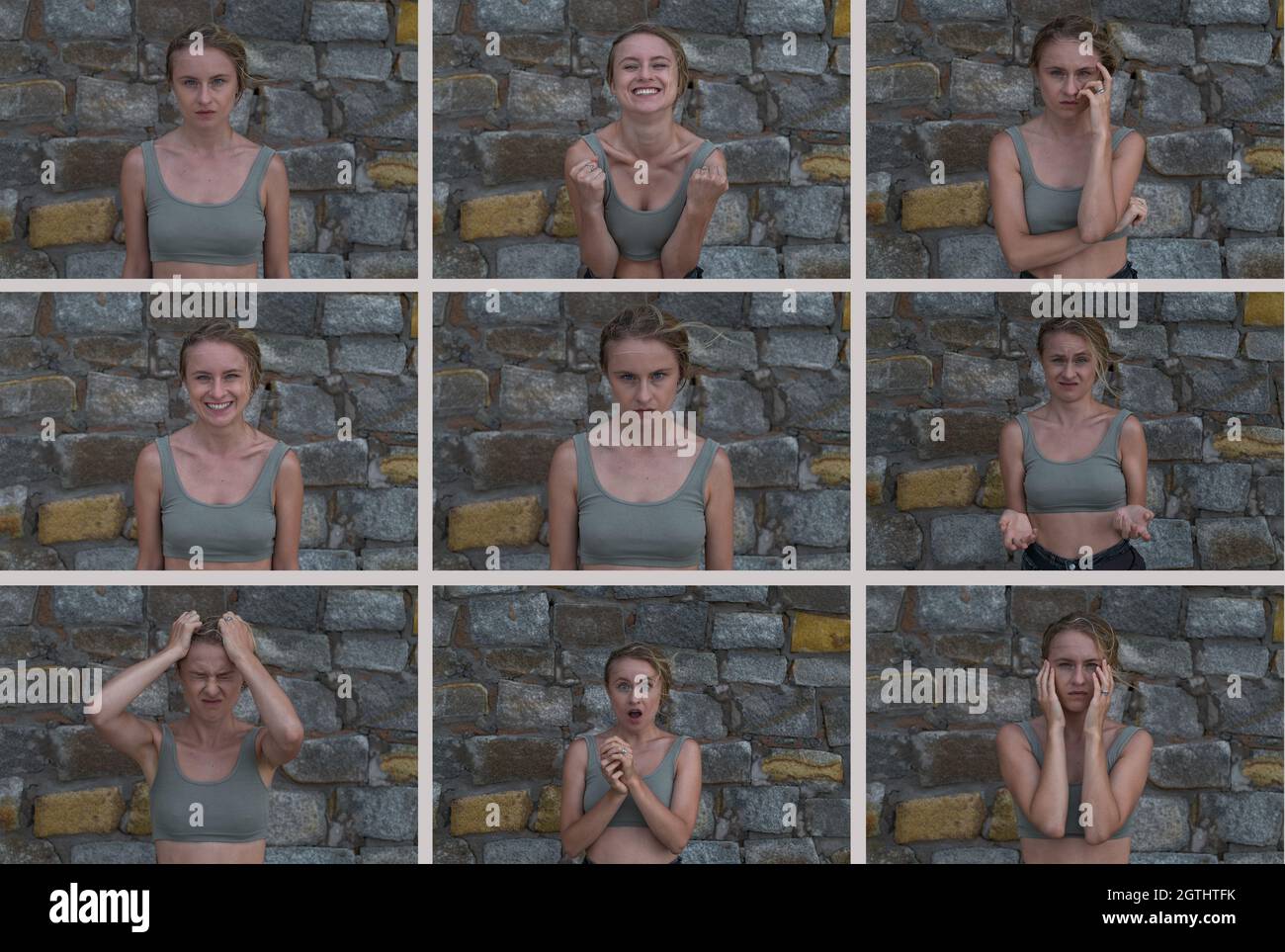 Collage di 9 ritratti di giovane donna caucasica emotiva su sfondo di pietra. Concetto di emozioni umane, espressione facciale, nove emozioni diverse Foto Stock