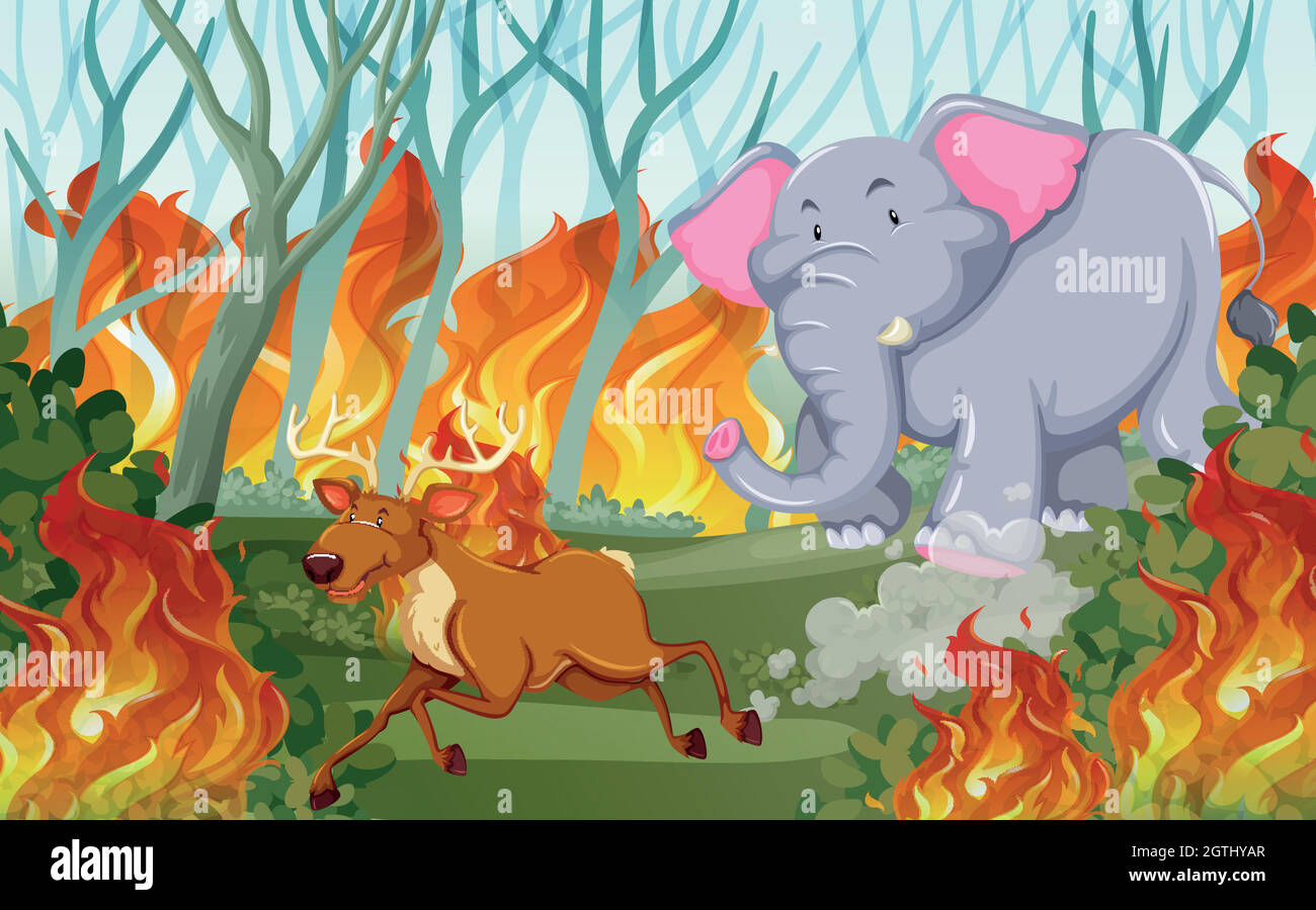 Gli animali scappano dal fuoco selvatico Illustrazione Vettoriale