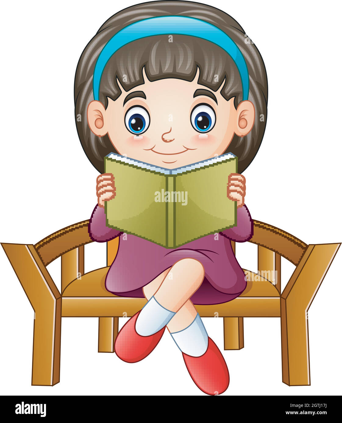 Bambina seduta su una sedia che legge un libro Illustrazione Vettoriale