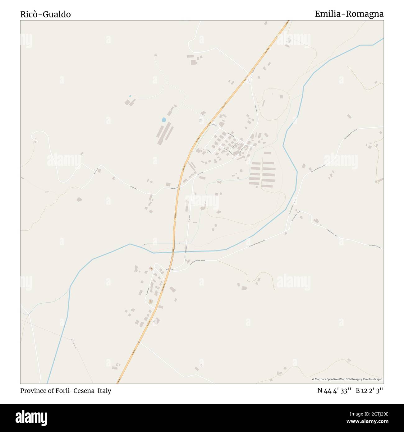 Ricò-Gualdo, Provincia di Forlì-Cesena, Italia, Emilia-Romagna, N 44 4' 33''', e 12 2' 3''', mappa, Mappa senza tempo pubblicata nel 2021. Viaggiatori, esploratori e avventurieri come Florence Nightingale, David Livingstone, Ernest Shackleton, Lewis and Clark e Sherlock Holmes si sono affidati alle mappe per pianificare i viaggi verso gli angoli più remoti del mondo, Timeless Maps sta mappando la maggior parte delle località del mondo, mostrando il successo di grandi sogni Foto Stock