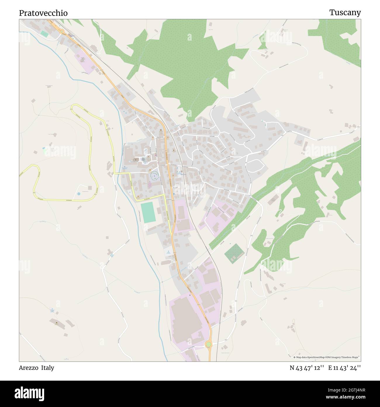 Pratovecchio, Arezzo, Italia, Toscana, N 43 47' 12'', e 11 43' 24'', mappa, Mappa senza tempo pubblicata nel 2021. Viaggiatori, esploratori e avventurieri come Florence Nightingale, David Livingstone, Ernest Shackleton, Lewis and Clark e Sherlock Holmes si sono affidati alle mappe per pianificare i viaggi verso gli angoli più remoti del mondo, Timeless Maps sta mappando la maggior parte delle località del mondo, mostrando il successo di grandi sogni Foto Stock