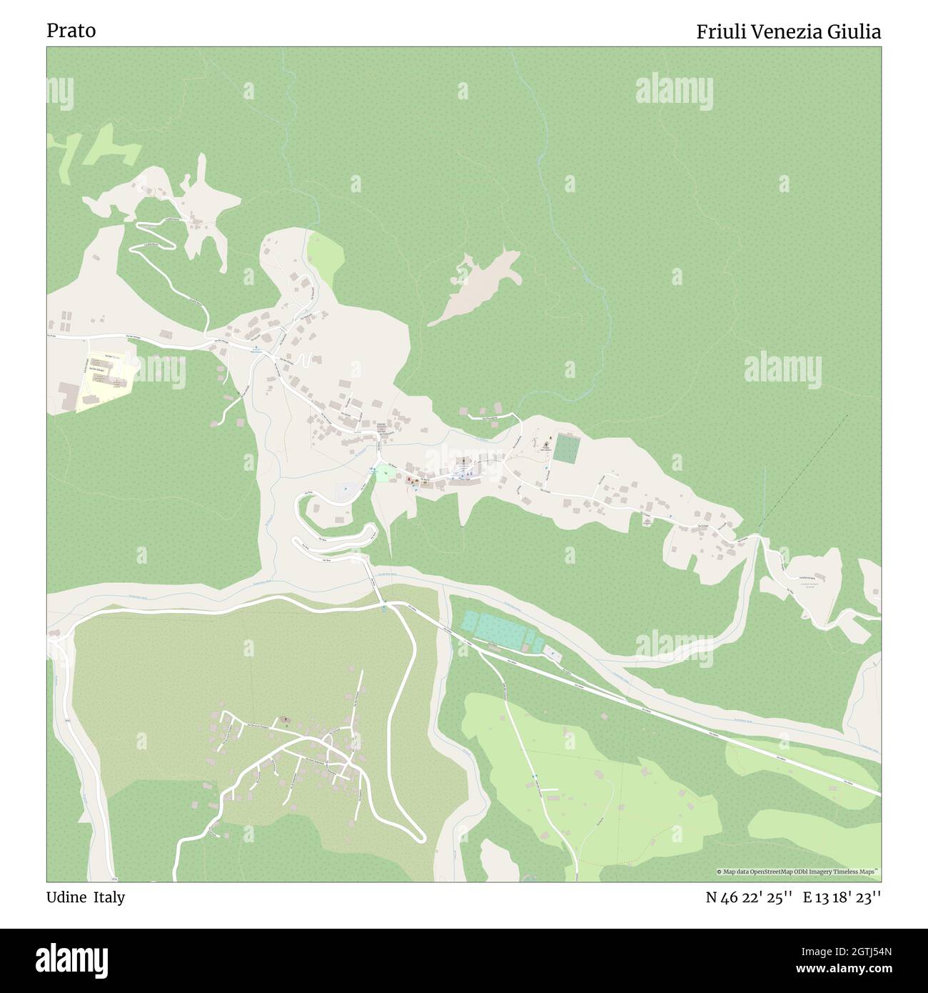 Prato, Udine, Italia, Friuli Venezia Giulia, N 46 22' 25'', e 13 18' 23'', mappa, Mappa senza tempo pubblicata nel 2021. Viaggiatori, esploratori e avventurieri come Florence Nightingale, David Livingstone, Ernest Shackleton, Lewis and Clark e Sherlock Holmes si sono affidati alle mappe per pianificare i viaggi verso gli angoli più remoti del mondo, Timeless Maps sta mappando la maggior parte delle località del mondo, mostrando il successo di grandi sogni Foto Stock