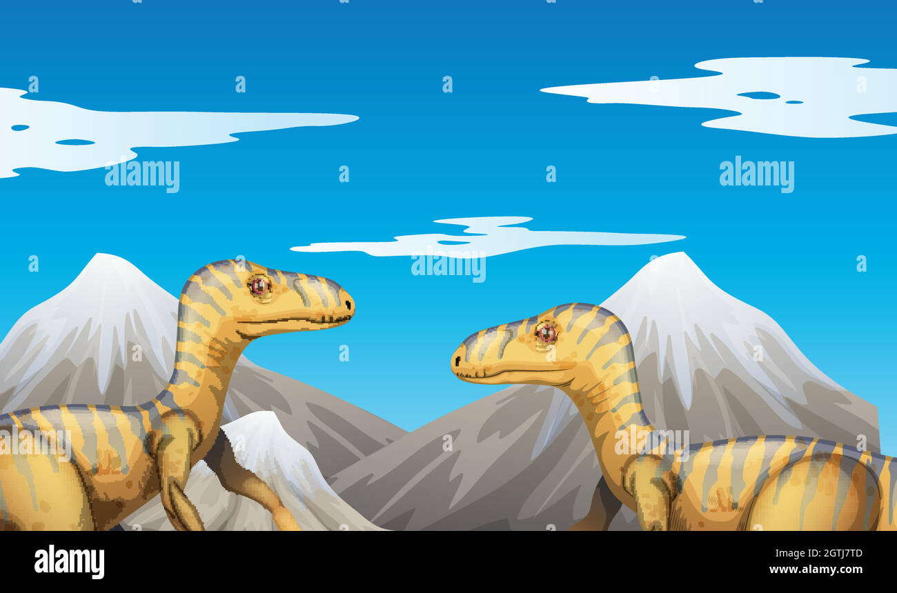 Scena con dinosauri e montagne Illustrazione Vettoriale