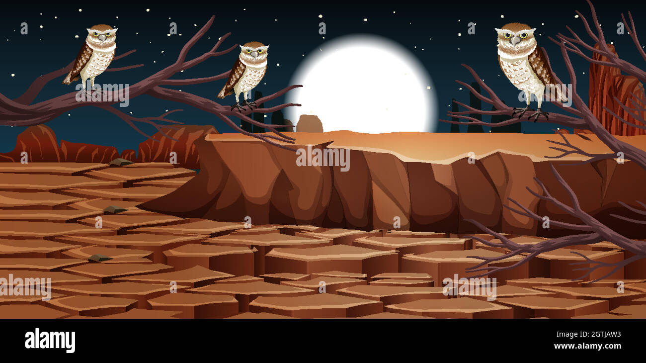 Deserto con montagne rocciose e paesaggio di animali del deserto in scena notturna Illustrazione Vettoriale