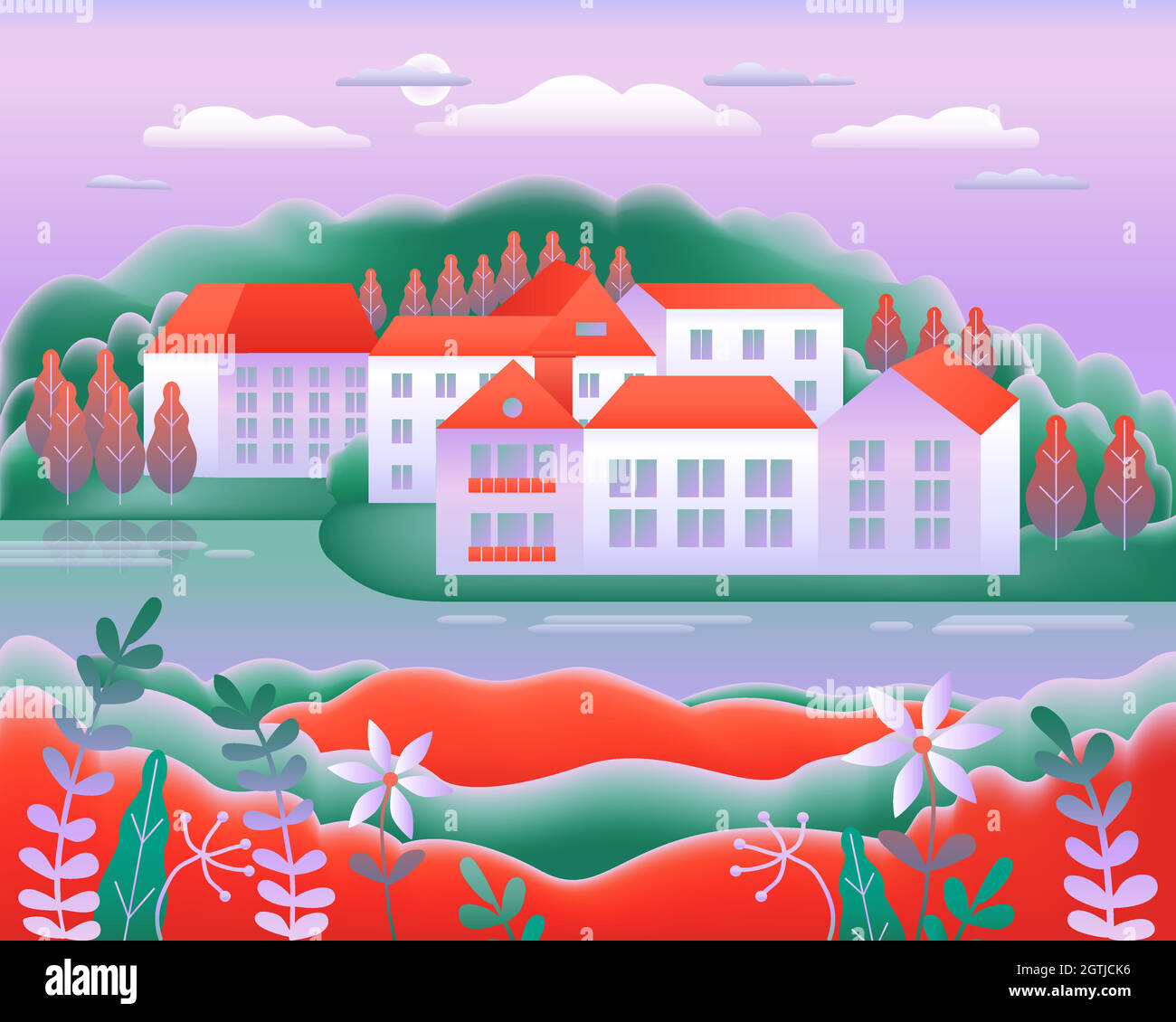 Paesaggio villaggio, colline, alberi, fiume, lago, foresta. Valle Rurale Agriturismo campagna con casa, fattoria, edificio in stile appartamento design. Colori sfumati rosso verde. Illustrazione vettoriale sfondo cartoon Illustrazione Vettoriale