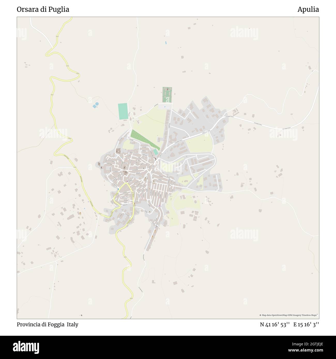 Orsara di Puglia, Provincia di Foggia, Italia, Puglia, N 41 16' 53'', e 15 16' 3'', mappa, Mappa senza tempo pubblicata nel 2021. Viaggiatori, esploratori e avventurieri come Florence Nightingale, David Livingstone, Ernest Shackleton, Lewis and Clark e Sherlock Holmes si sono affidati alle mappe per pianificare i viaggi verso gli angoli più remoti del mondo, Timeless Maps sta mappando la maggior parte delle località del mondo, mostrando il successo di grandi sogni Foto Stock