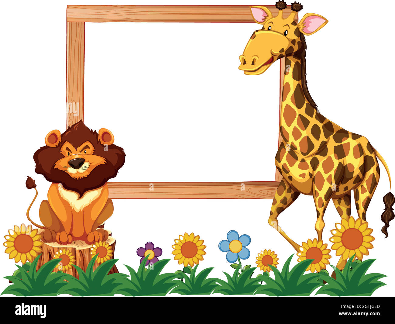 Telaio in legno con giraffa e leone Illustrazione Vettoriale