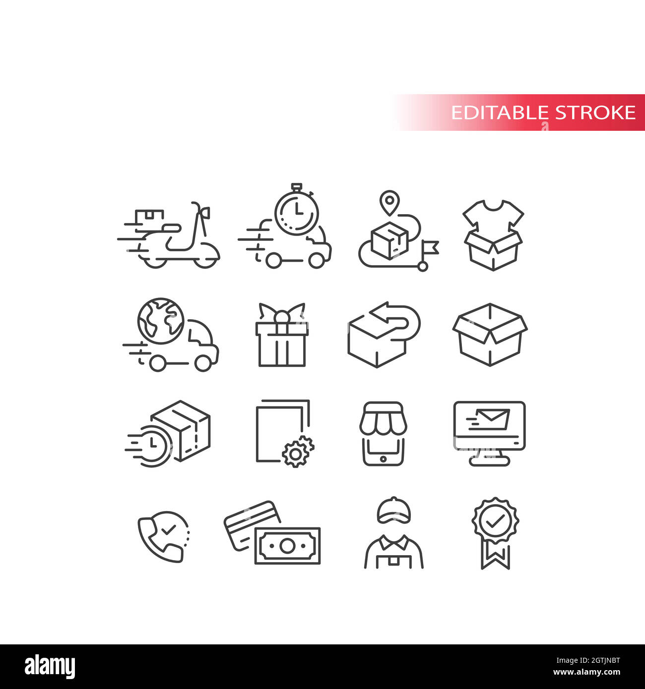 Set di icone vettoriali per la linea di acquisto e di consegna Illustrazione Vettoriale