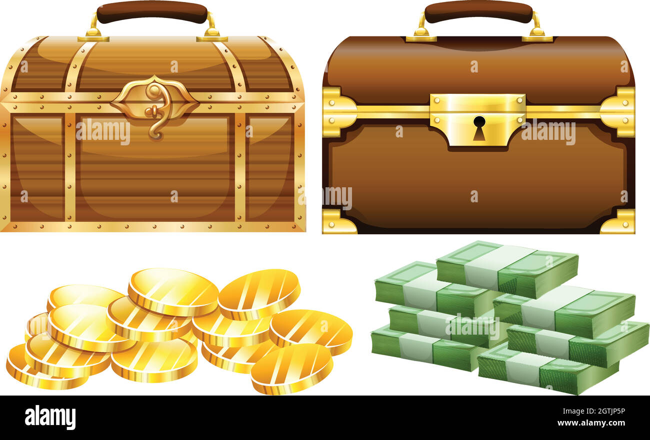 Due disegni di cassettiere con oro e denaro Illustrazione Vettoriale