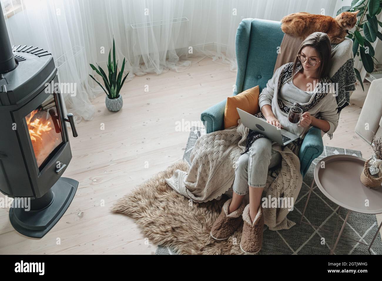 Lavoro a distanza. Giovane donna che usa un computer portatile in una comoda poltrona e plaid seduta accanto al camino con un gatto domestico, bere il tè a casa Foto Stock