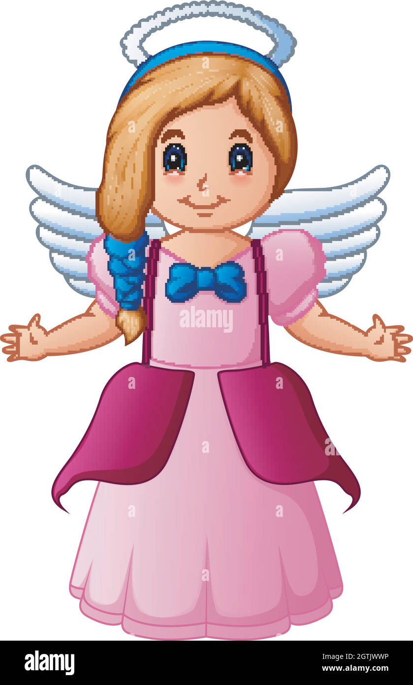 Carino felice angelo ragazza cartoon con ali bianche volare Illustrazione Vettoriale
