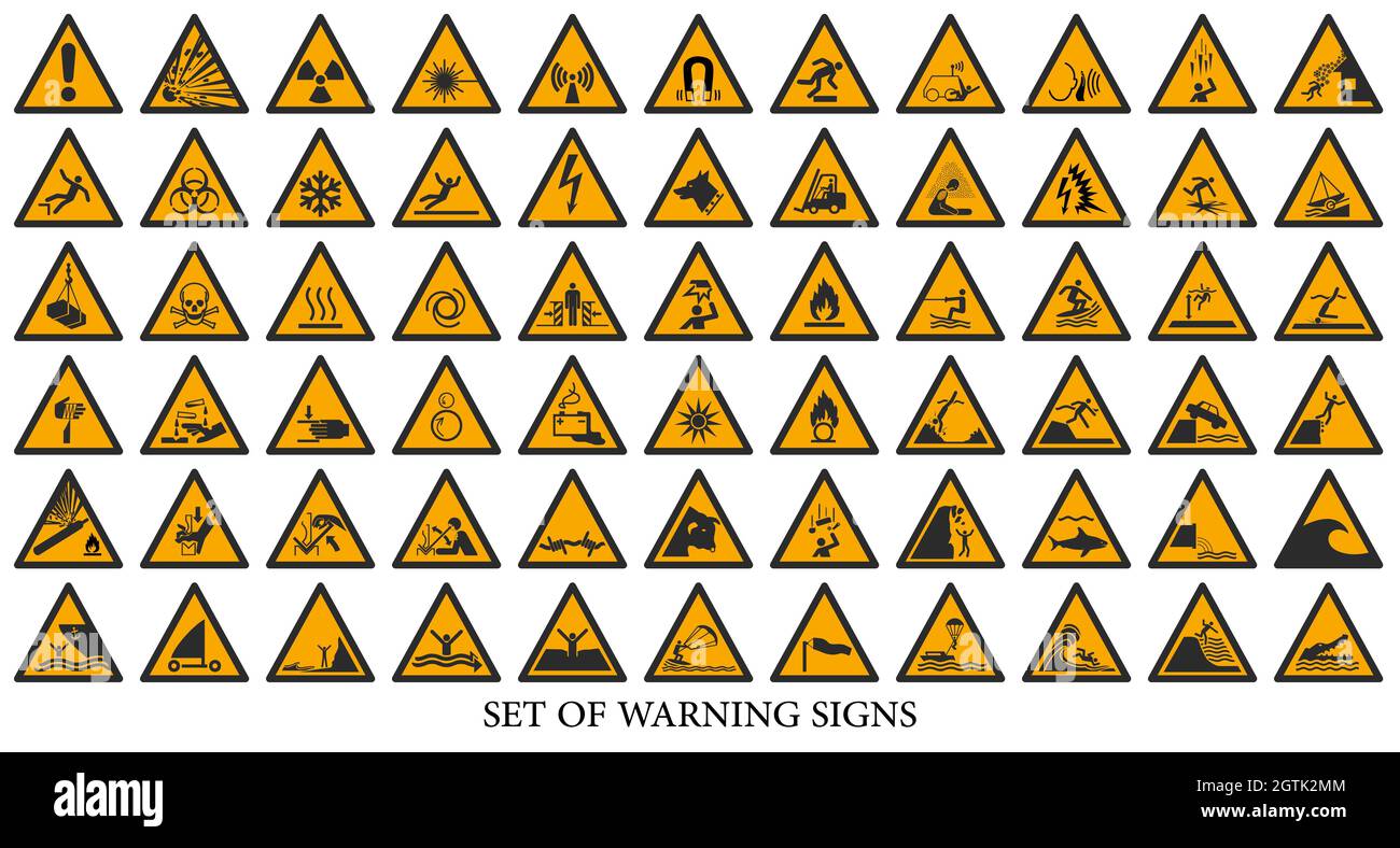Raccolta di segnali di avvertenza. Set di segnali di sicurezza. Segnali di attenzione. Segnali di pericolo e avvisi. Colori ISO Illustrazione Vettoriale