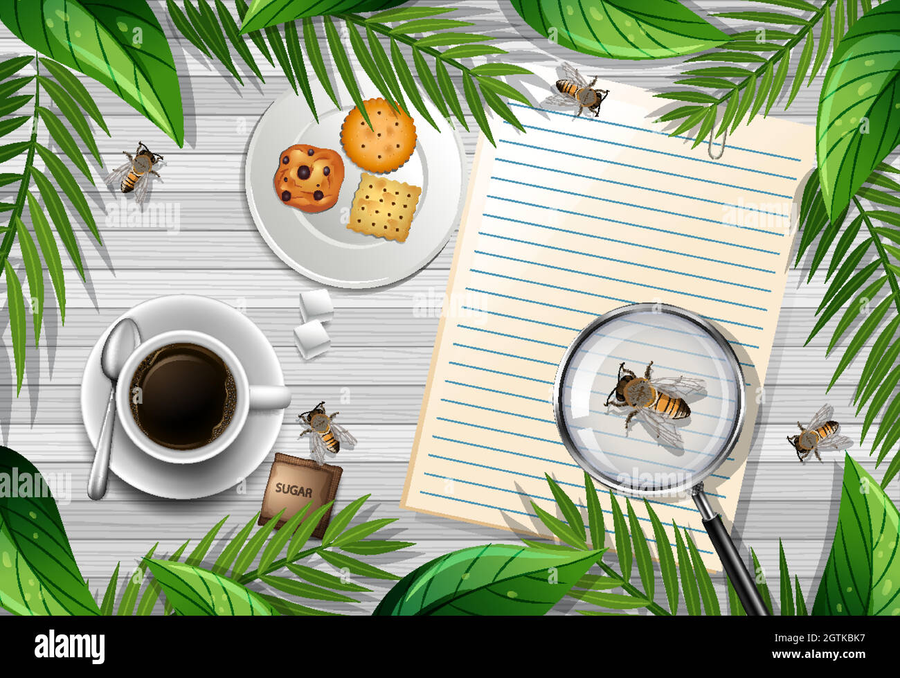 Nota vuota sul tavolo con ape e caffè Illustrazione Vettoriale