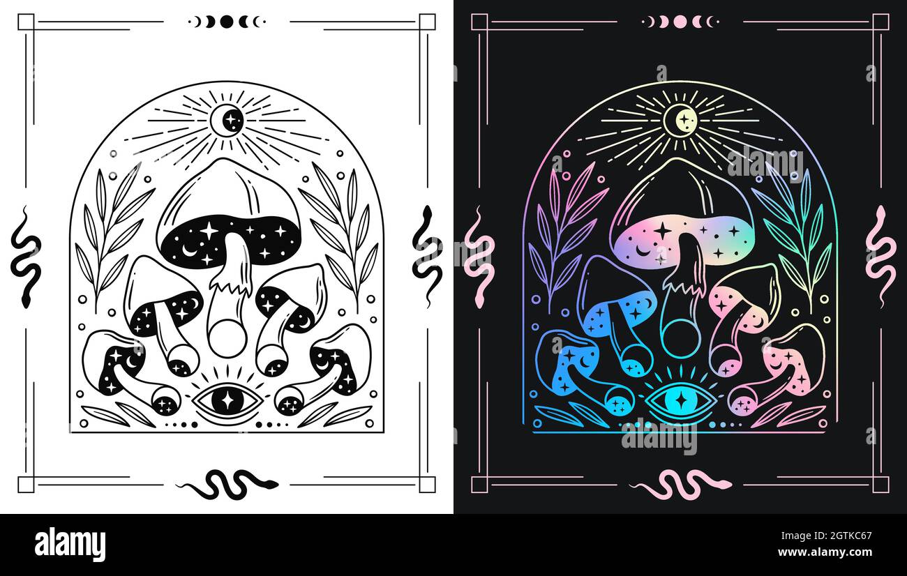 Funghi magici con fasi lunari e tutti gli occhi per i temi esoterici disegni. Poster sfumatura olografica e nero e while. Illustrazione Vettoriale Funghi magici con fasi lunari e tutti gli occhi per i temi esoterici disegni. Poster sfumatura olografica e nero e while. Illustrazione Vettoriale