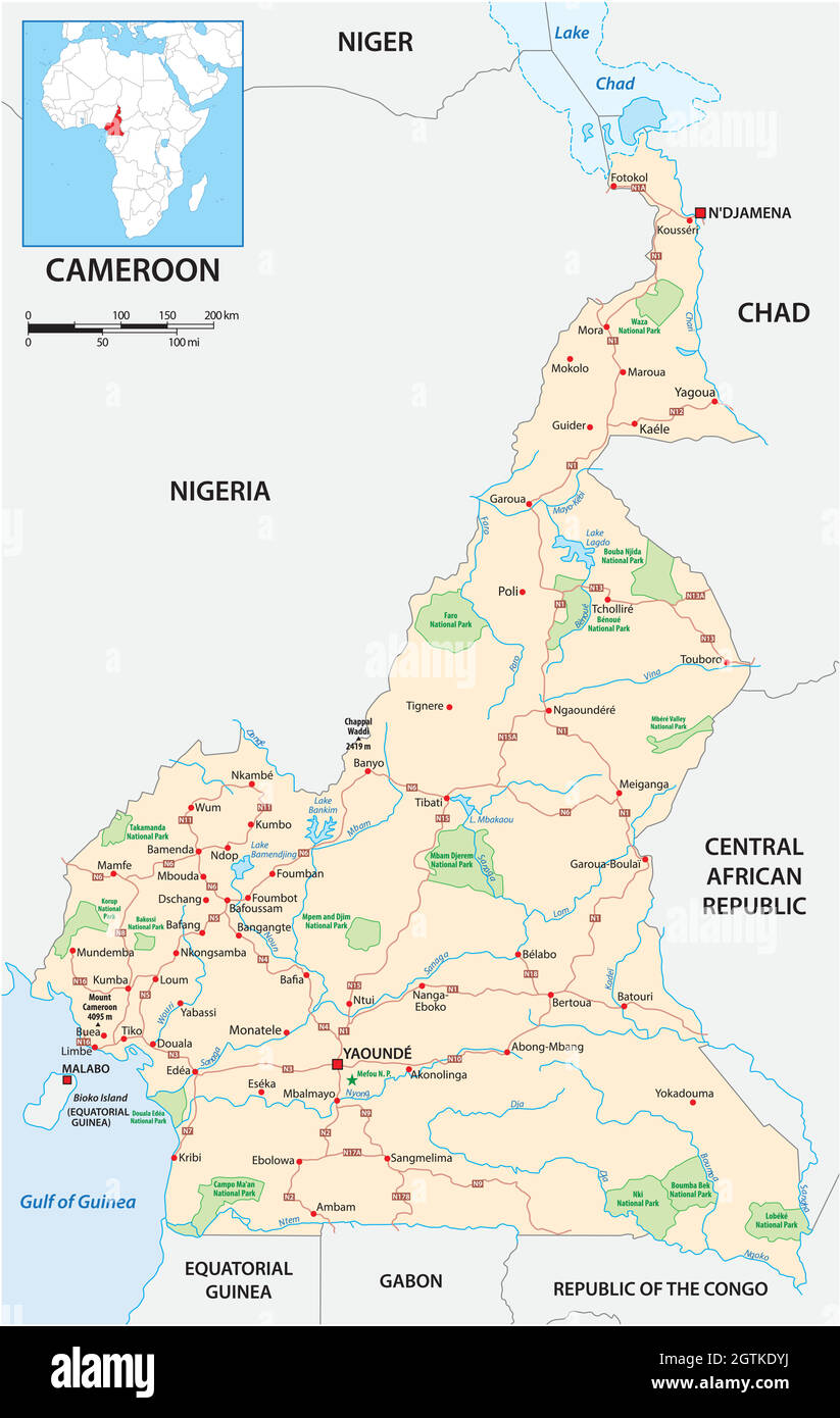 Mappa stradale vettoriale dello stato dell'Africa occidentale del Camerun Illustrazione Vettoriale