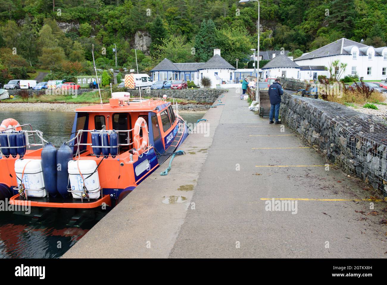 Port Appin Pier e il Pier House Restaurant, Argyll, Scozia Foto Stock