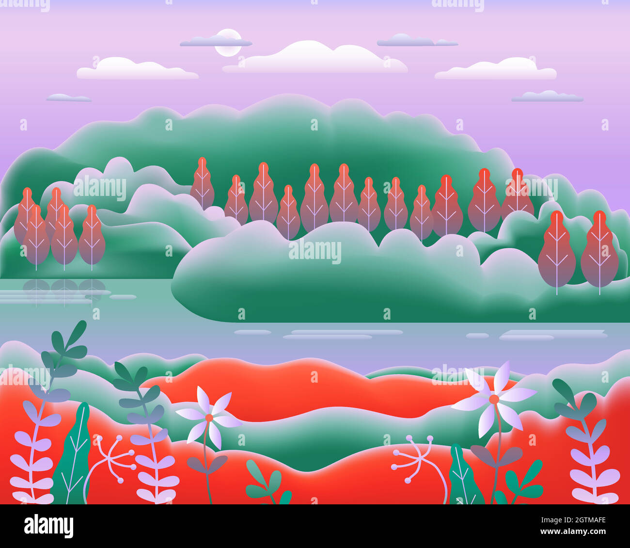 Paesaggio collinare in stile piatto. Bel campo, prato, montagne e cielo. Località rurale con valle, lago, fiume, colline, foresta, alberi. Colori sfumati rosso verde. Vettore sfondo cartoon Illustrazione Vettoriale