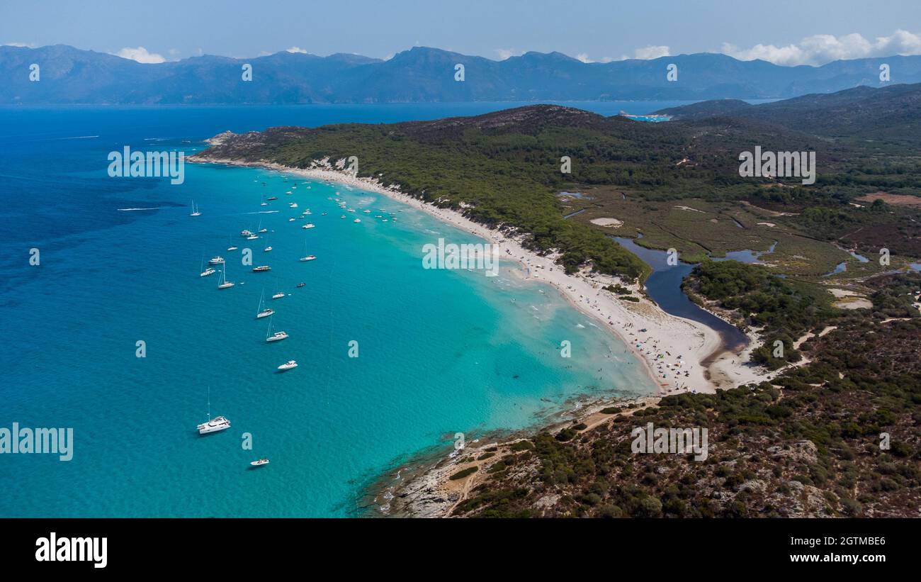 Vista aerea della spiaggia di Saleccia nel deserto di Agriates in Corsica Settentrionale, Francia - Spiaggia Paradiso nel Mar Mediterraneo con acque tropicali, solo acc Foto Stock