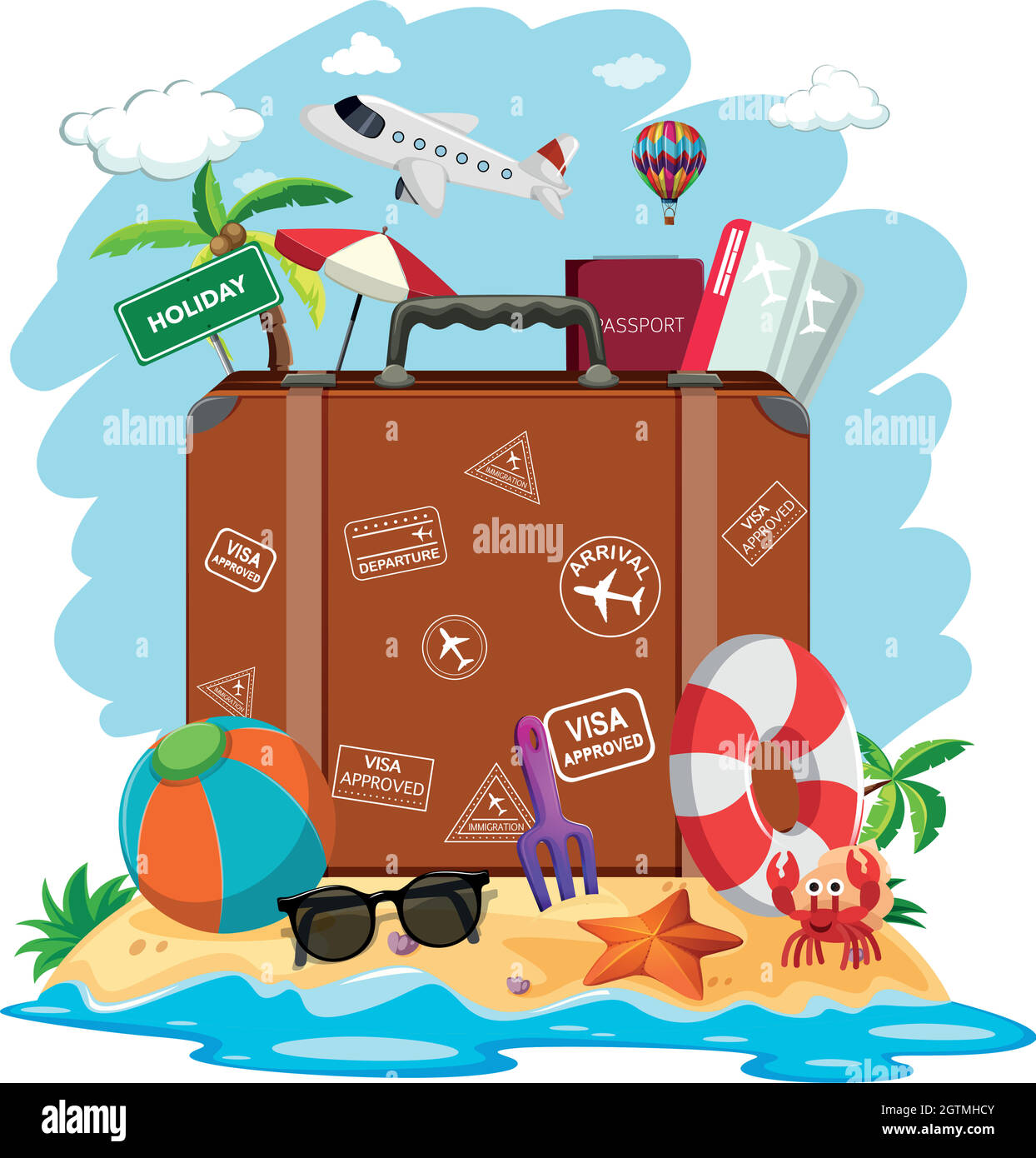 Una valigia in spiaggia estiva Illustrazione Vettoriale