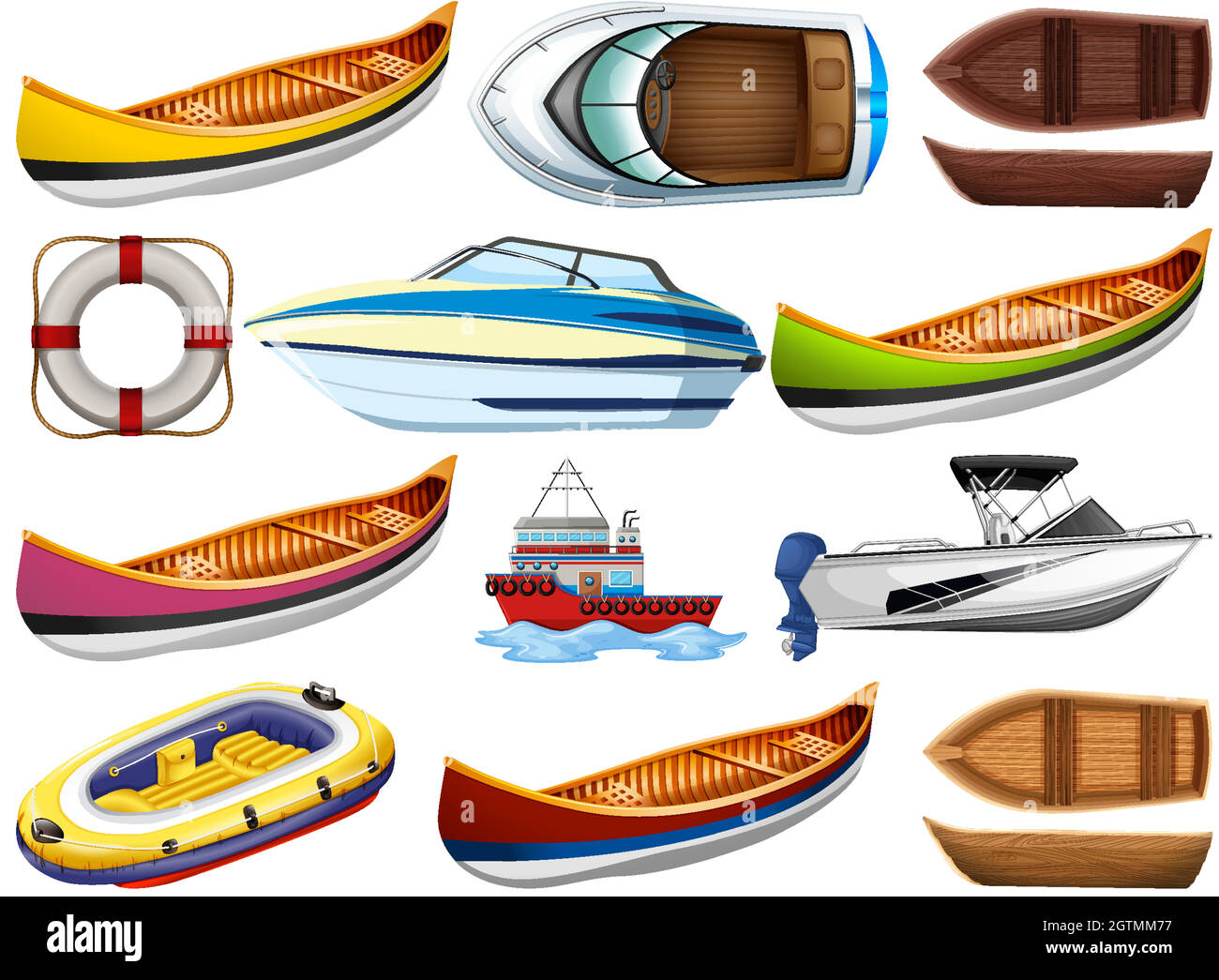 Set di diversi tipi di barche e nave isolata su sfondo bianco Illustrazione Vettoriale