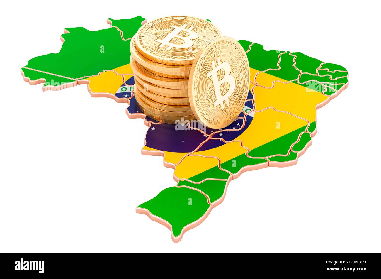 Criptovaluta Bitcoin in Brasile, rendering 3D isolato su sfondo bianco Foto Stock