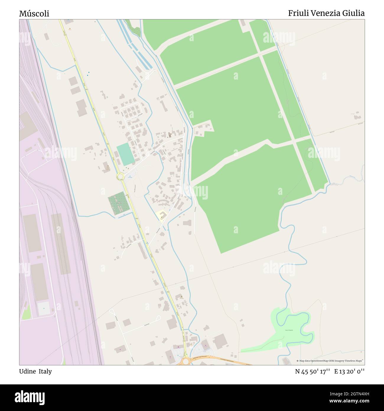 Múscoli, Udine, Italia, Friuli Venezia Giulia, N 45 50' 17'', e 13 20' 0'', mappa, Mappa senza tempo pubblicata nel 2021. Viaggiatori, esploratori e avventurieri come Florence Nightingale, David Livingstone, Ernest Shackleton, Lewis and Clark e Sherlock Holmes si sono affidati alle mappe per pianificare i viaggi verso gli angoli più remoti del mondo, Timeless Maps sta mappando la maggior parte delle località del mondo, mostrando il successo di grandi sogni Foto Stock