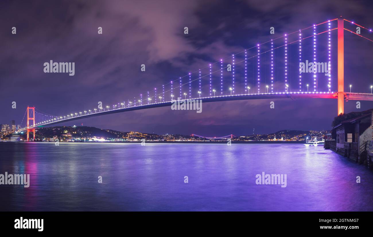 Panoramica lunga esposizione del 15 luglio Ponte dei Martiri (turco: 15 Temmuz Sehitler Koprusu) con cielo blu a Istanbul, Turchia. Ponte sul Bosforo di Istanbul. Foto Stock